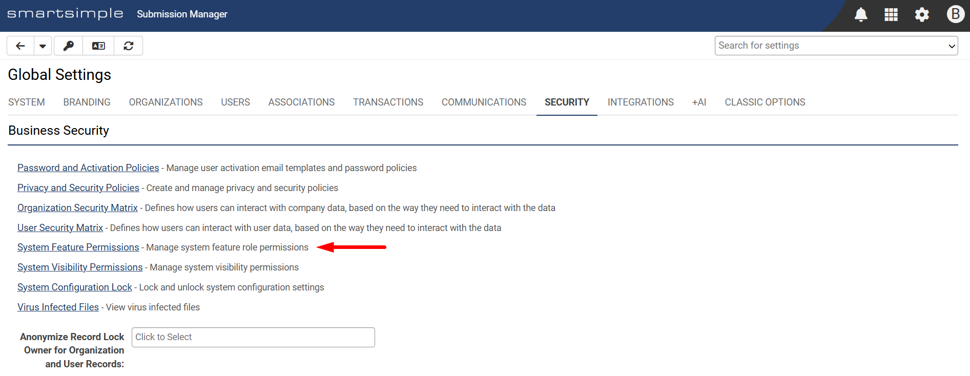System Feature Permissions page