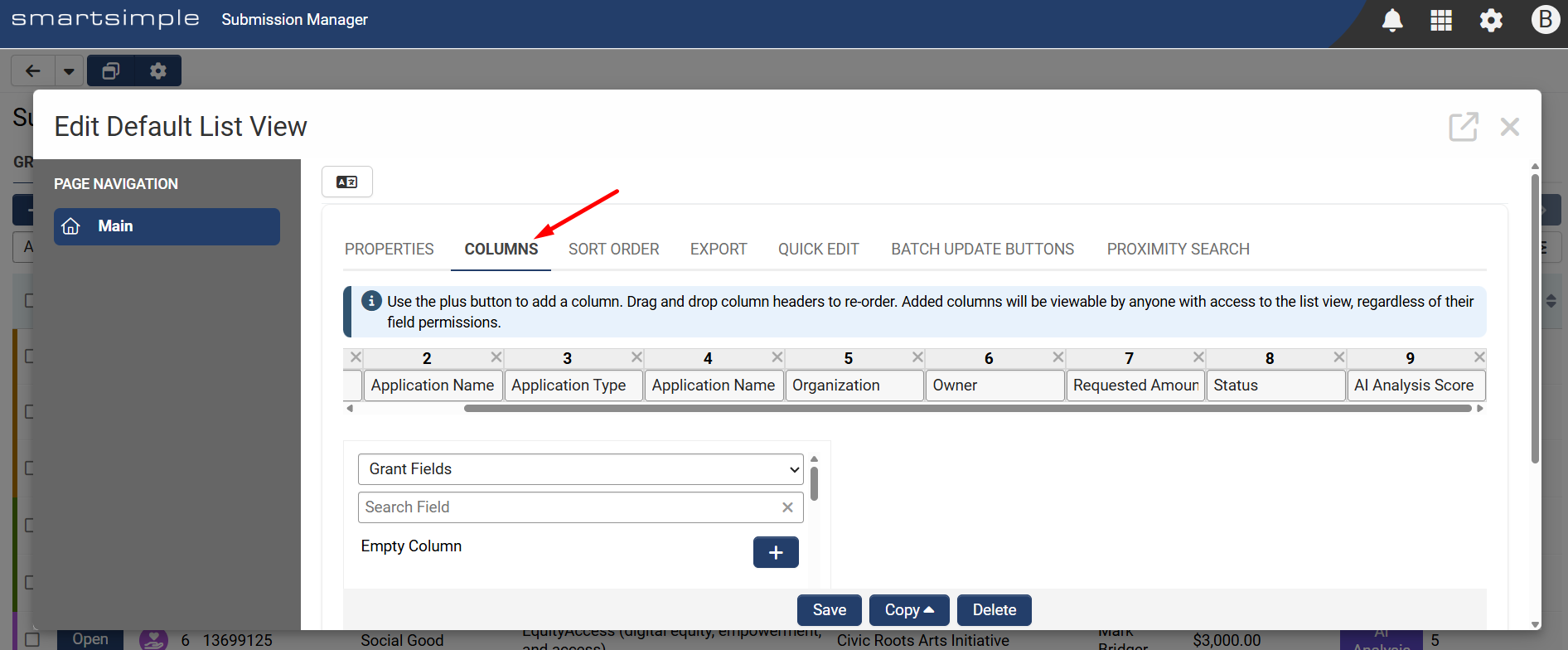 Columns header