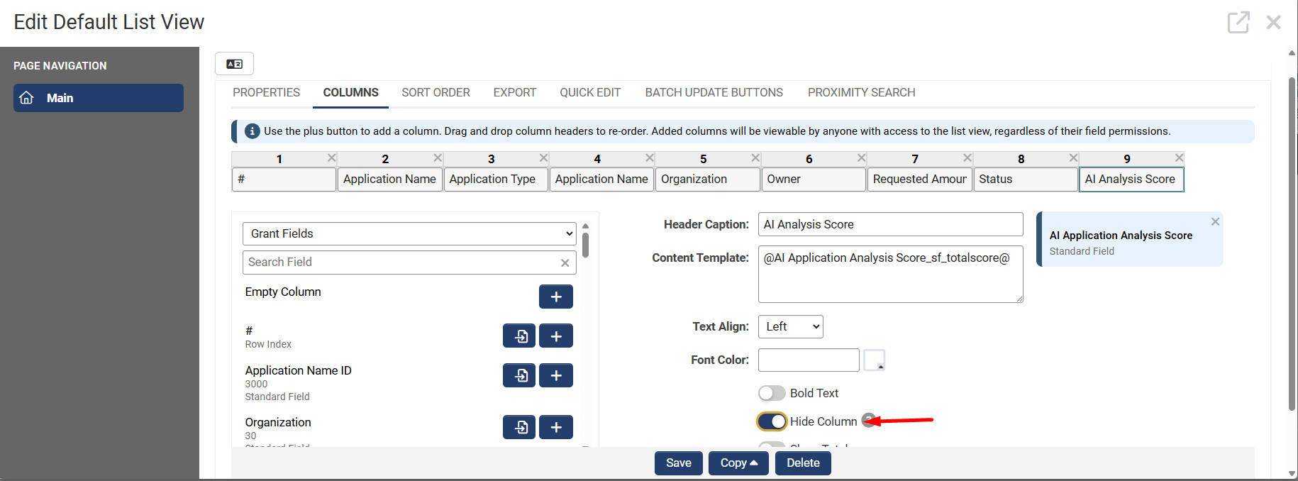 Hide column toggle
