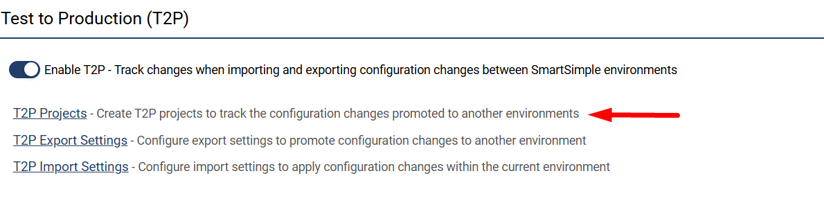 T2P Projects link in Global Settings