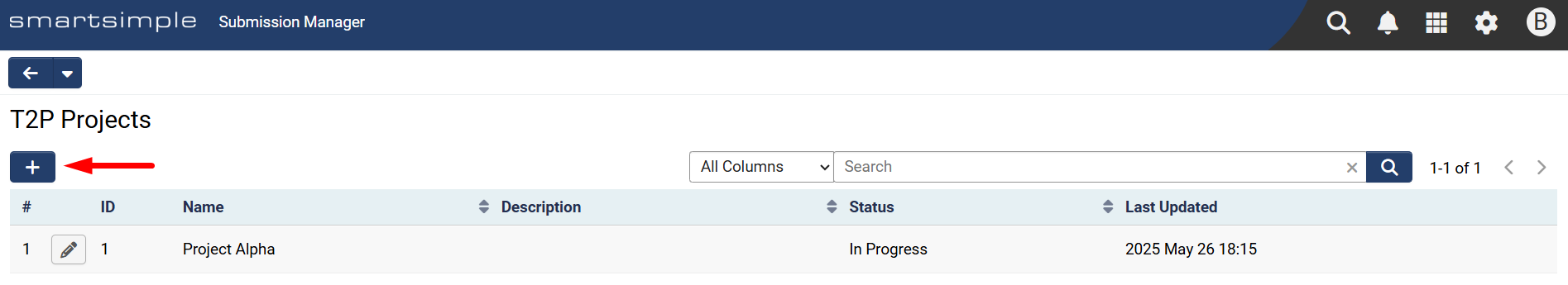 New Project + button on T2P Projects page