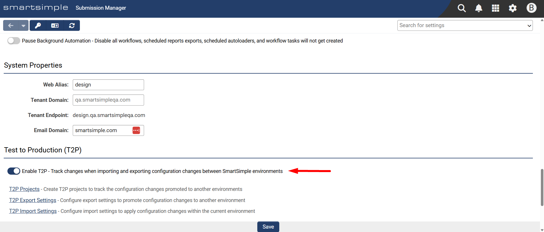 Enable T2P toggle in Global Settings System tab