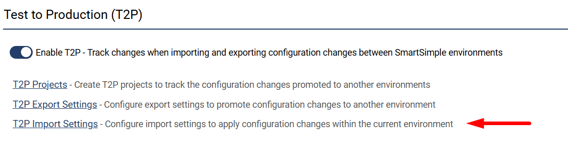 T2P Import Settings link in Global Settings