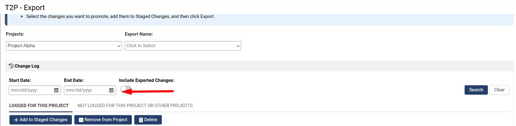 Date range search fields in the change log