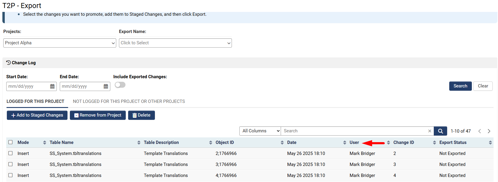 User filter in the change log