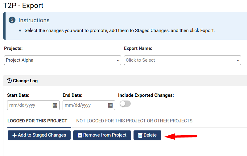 Delete option on a change row in the Export tab