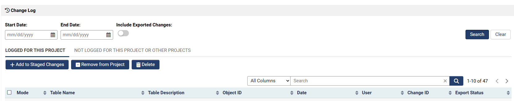 Change log with search filter and date range controls
