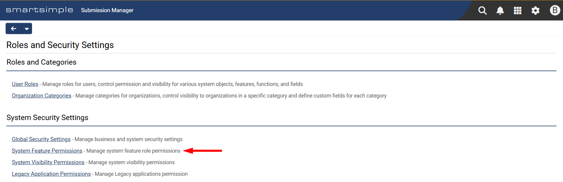 System Feature Permissions link