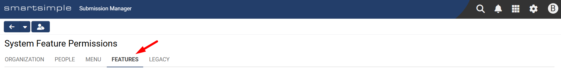 Features tab in System Feature Permissions