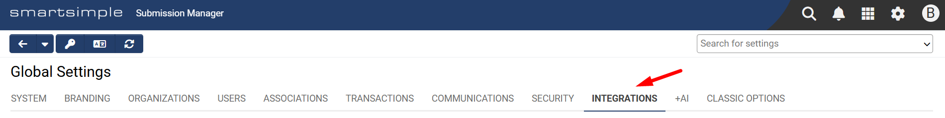 Integrations tab in Global Settings