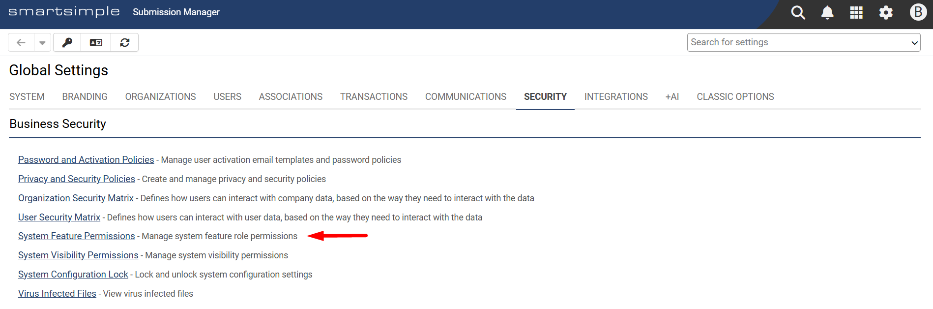 System Features Permissions link