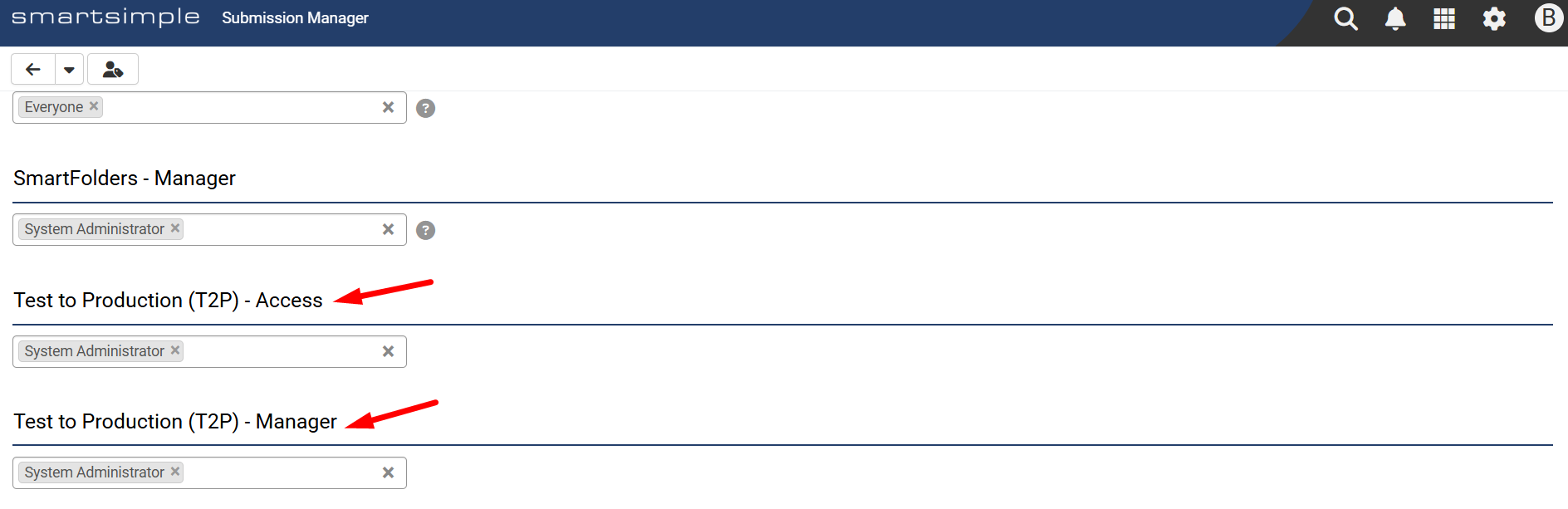 Test to Production Access drop-down menus