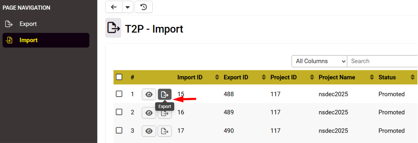 Export button on Import screen