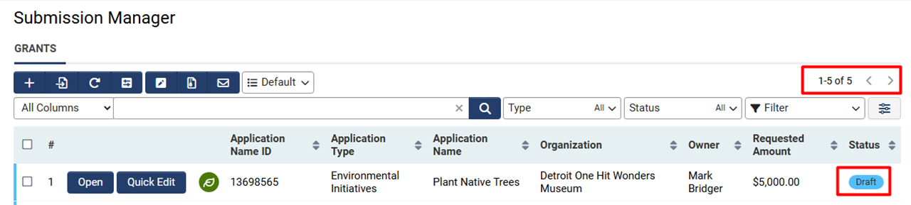 List view status pill and pagination arrows