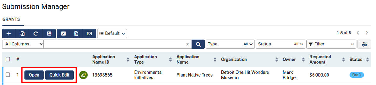 Default and Open buttons in List View