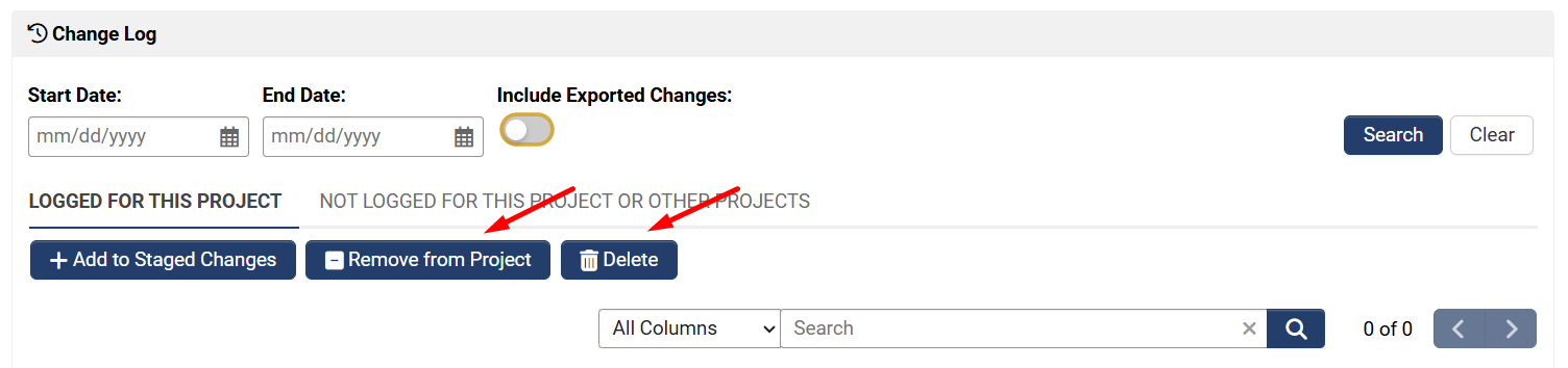 Remove from project and delete buttons