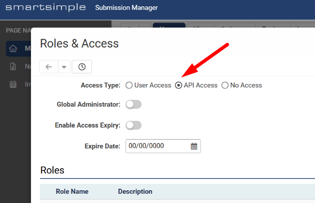 API access radio button