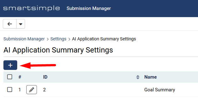 New Application Summary Setting [+] button