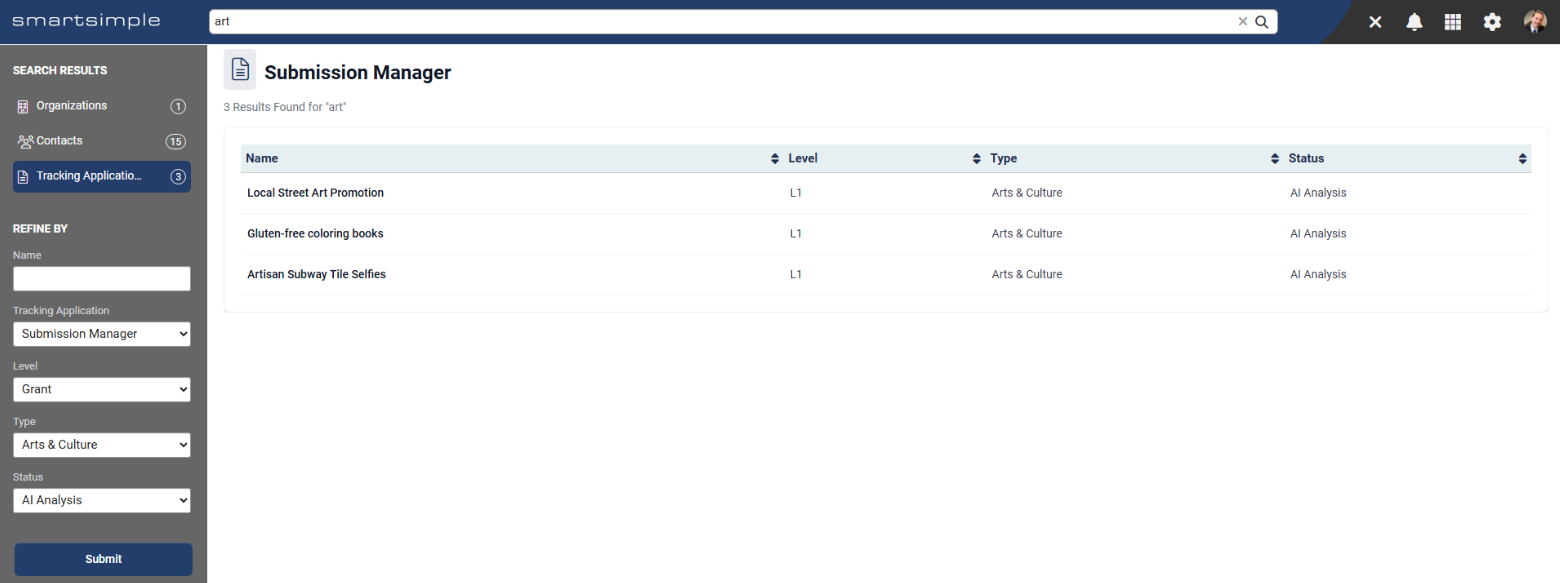 Global Search with search results and side panel