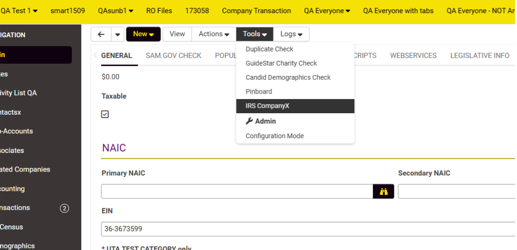 Tools drop-down menu on organization profile