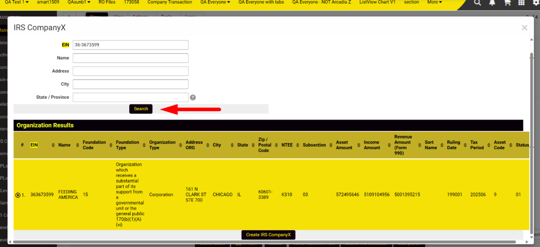 IRS record search screen