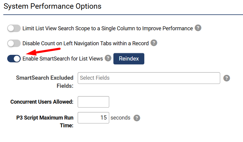 Enable SmartSearch for List Views toggle