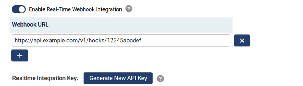 Webhook integration settings showing URL configuration and API key generation