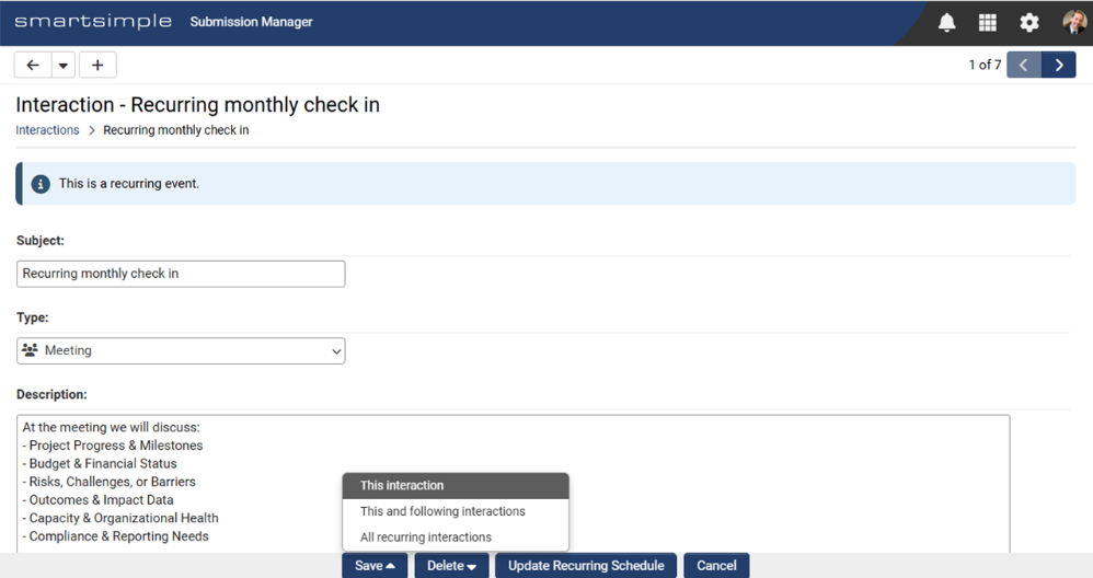 Recurring interactions management interface