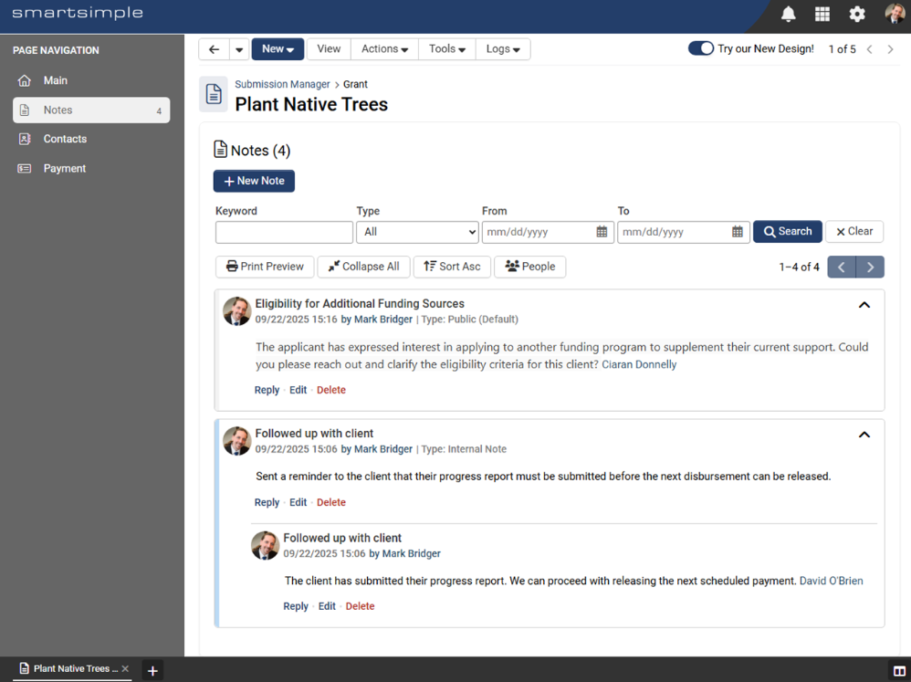 Notes interface showing threaded conversations