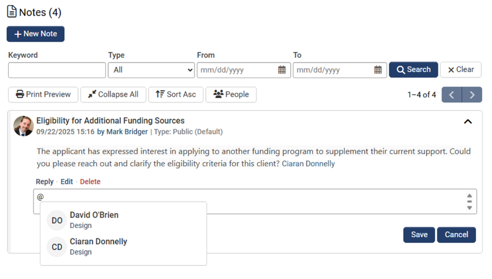 Notes tagging interface showing at symbol user mention