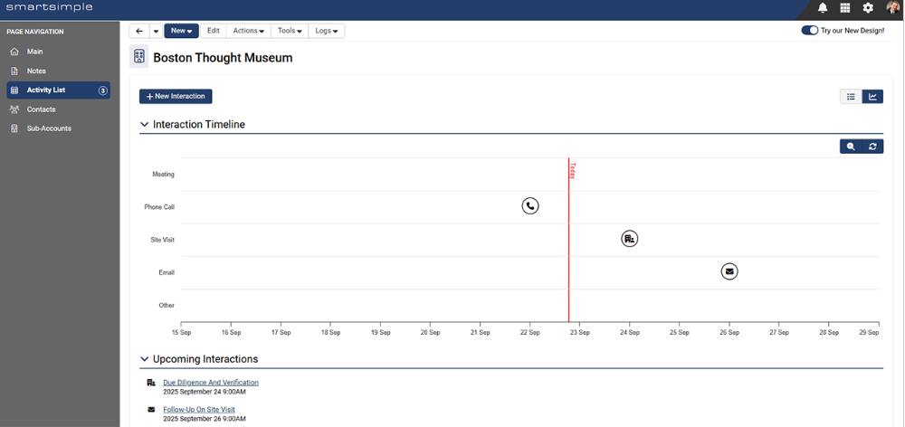 Interactions chart view showing swimlane timeline of upcoming an past engagements