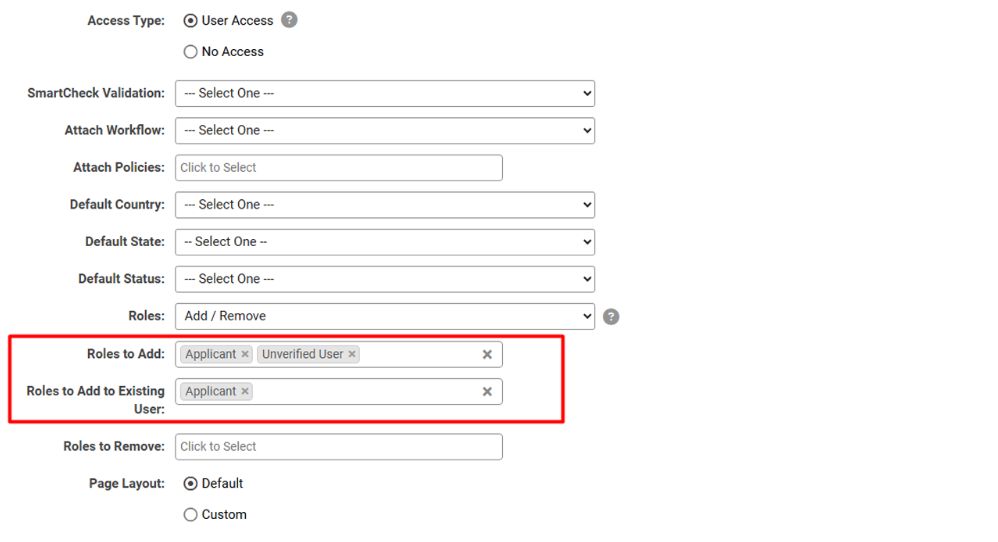 User signup page showing Roles to Add