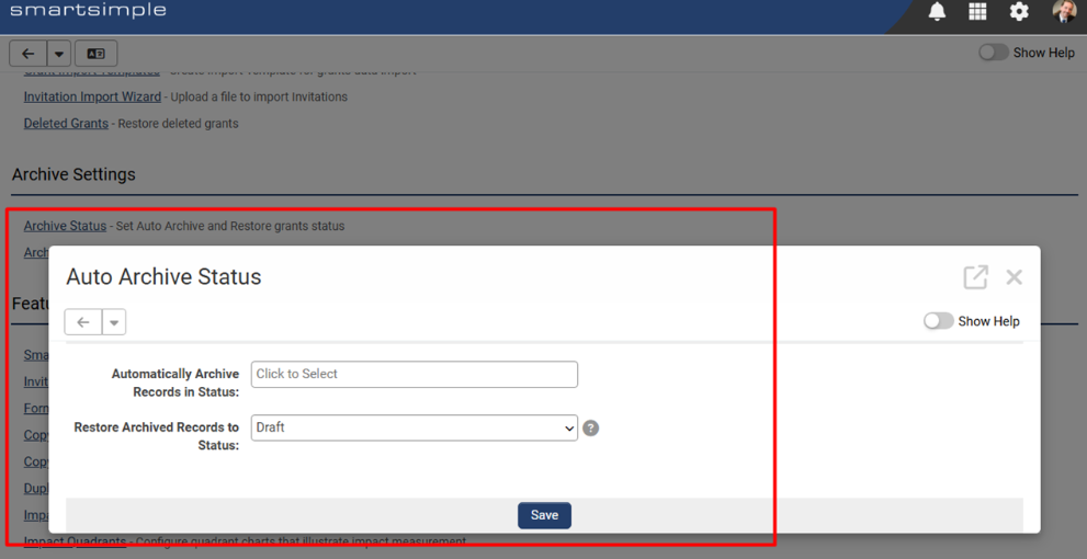Archive Status configuration in Level 1 showing selection for archive and restore
