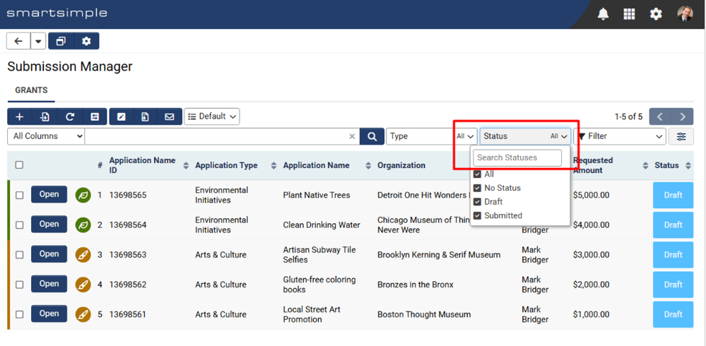List view filter showing status drop down options