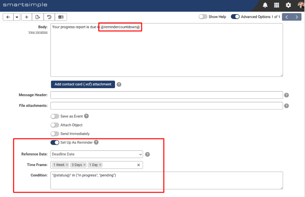 Acknowledgement workflow task showing Set Up As Reminder toggle