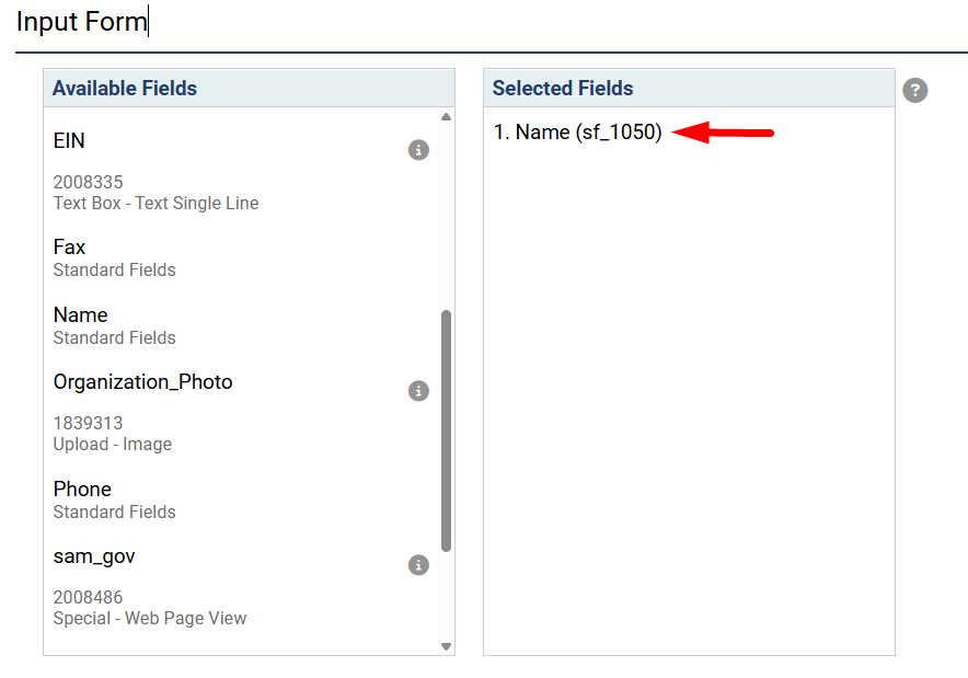 Input Form with Name selected