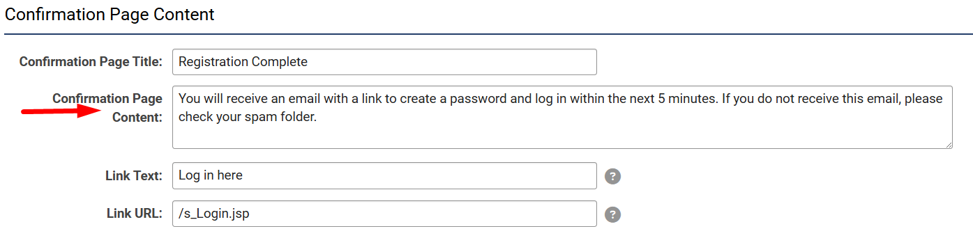 Confirmation Page Content field
