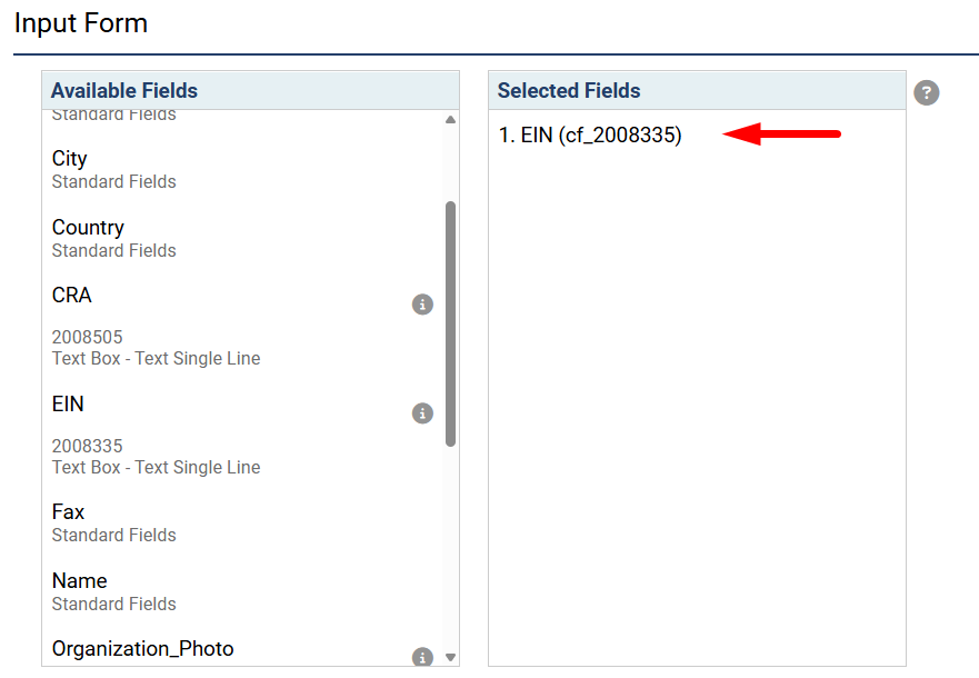 EIN custom field selected