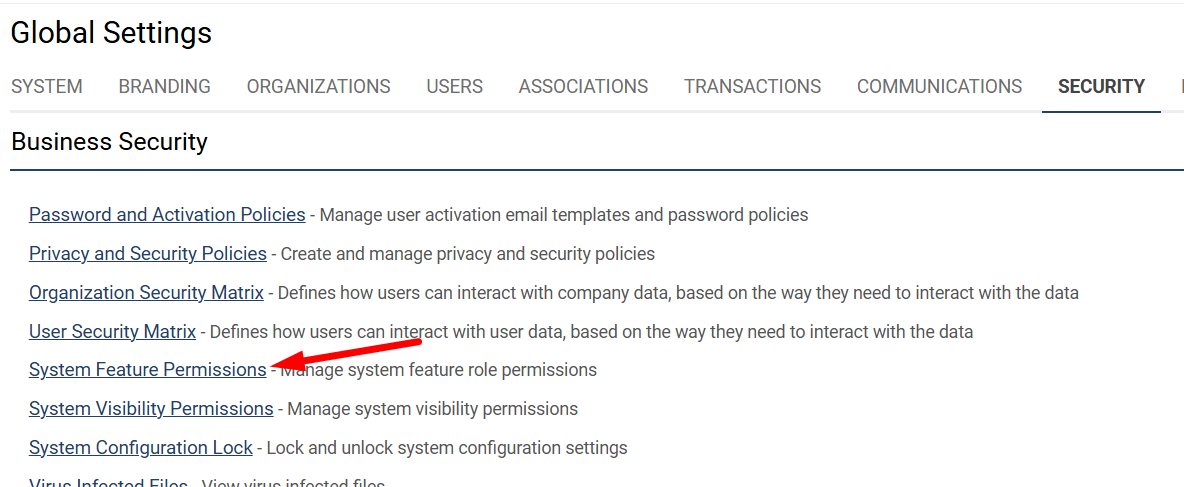 System feature Permissions link