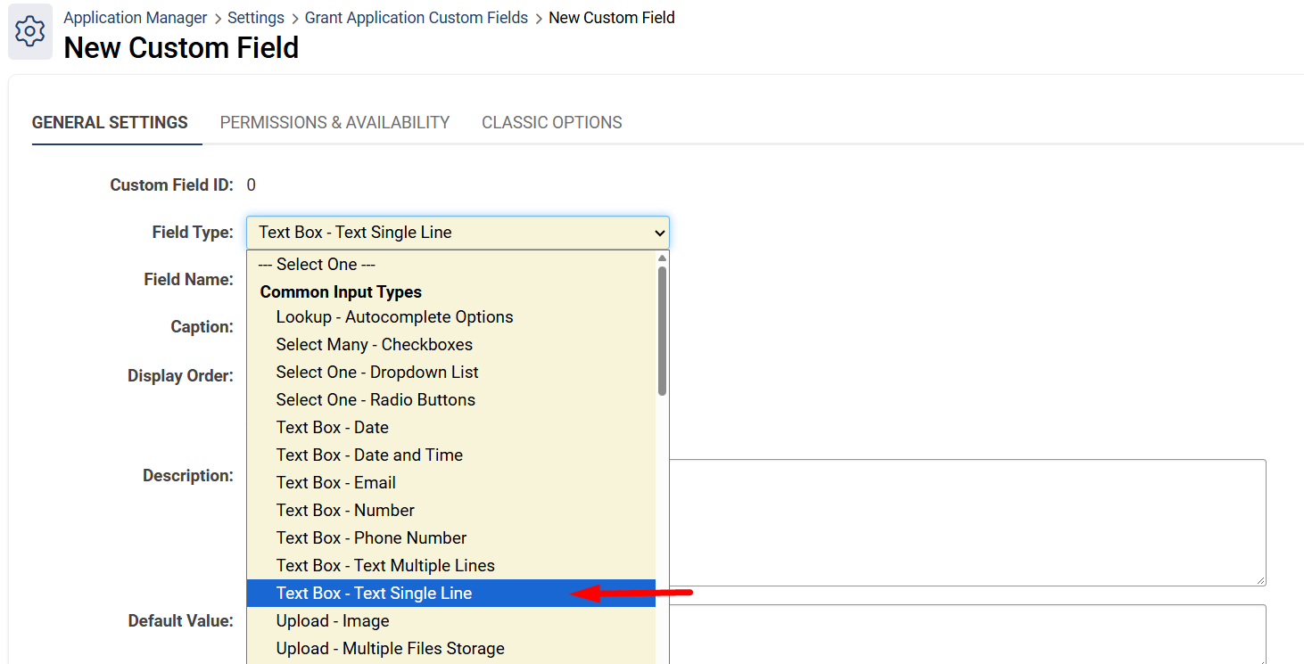 Text Box - Text Single Line in the drop-down menu
