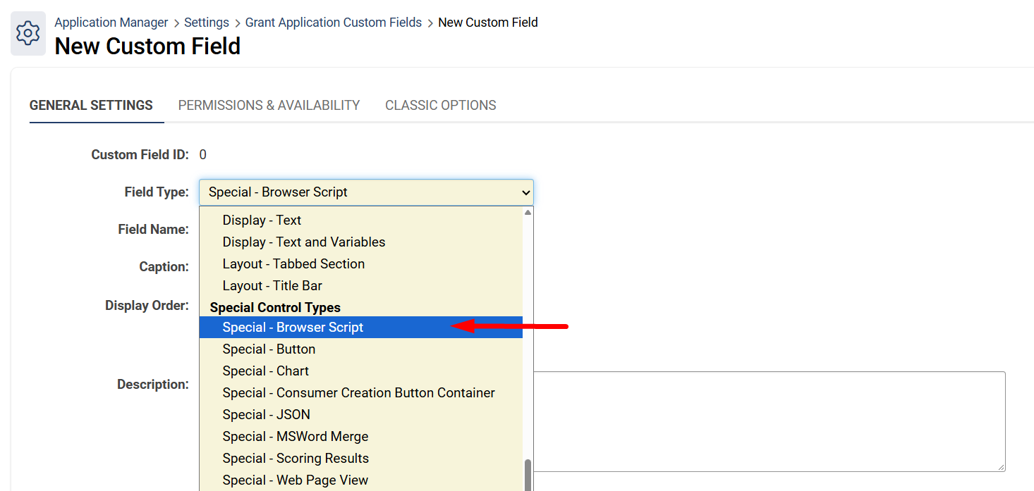  Special - Browser Script in the drop-down menu