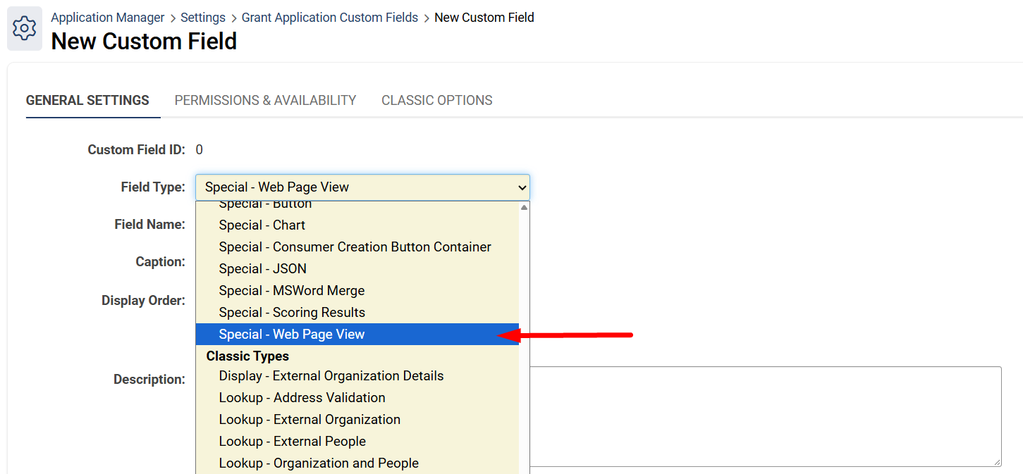 Special - Web Page View in the drop-down menu