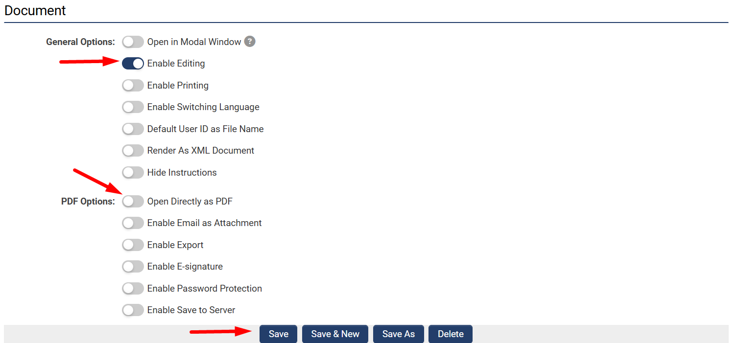 Enable Editing and Open Directly as PDF toggles