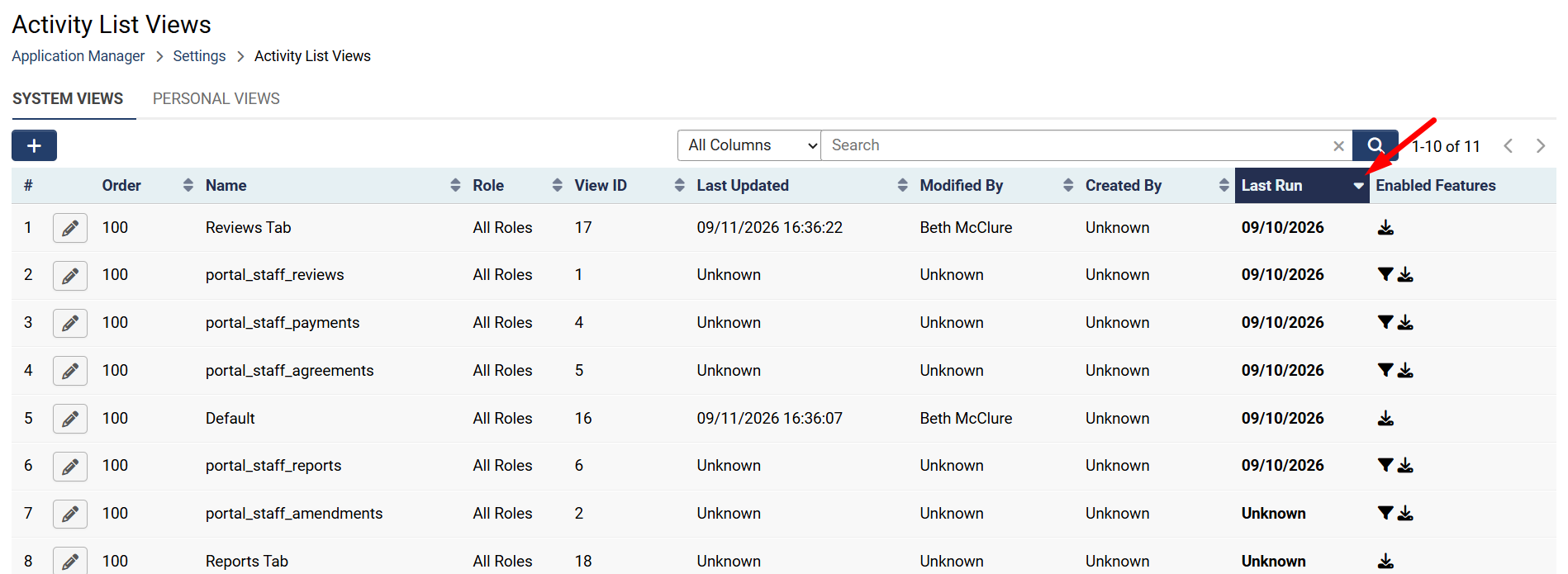 down arrow to the right of the column name