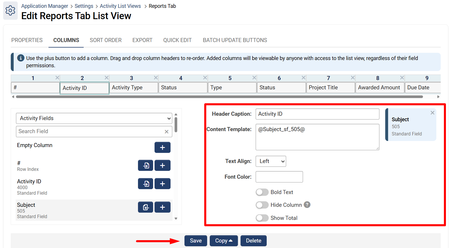 Column settings and Save button