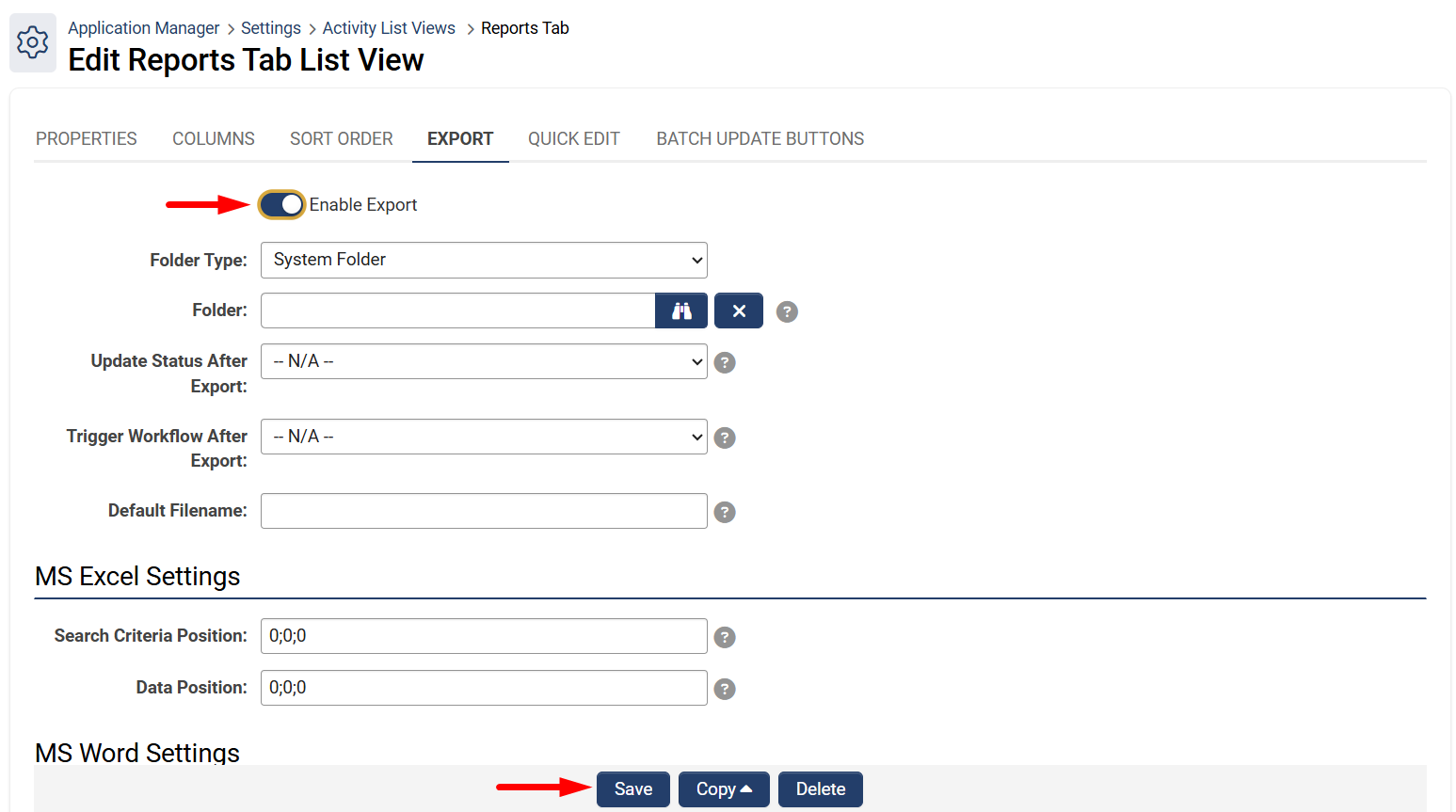 Enable export toggle and save button