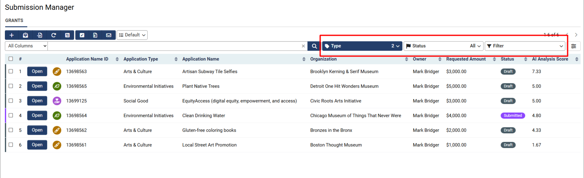 list view type, status, filter
