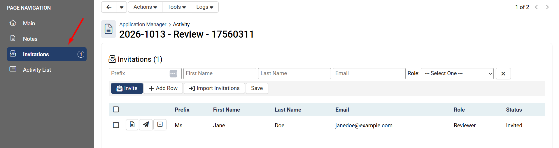 invitations tab