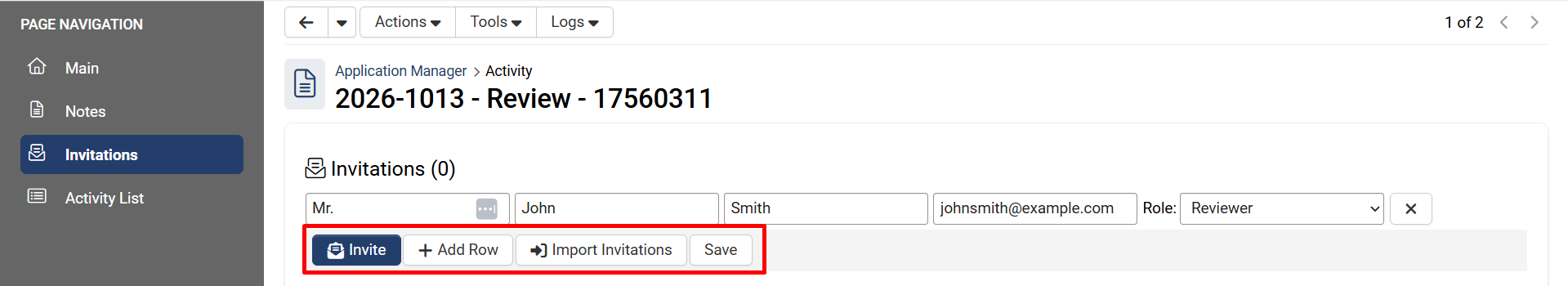 Invite, Add Row, Import Invitations, Save buttons