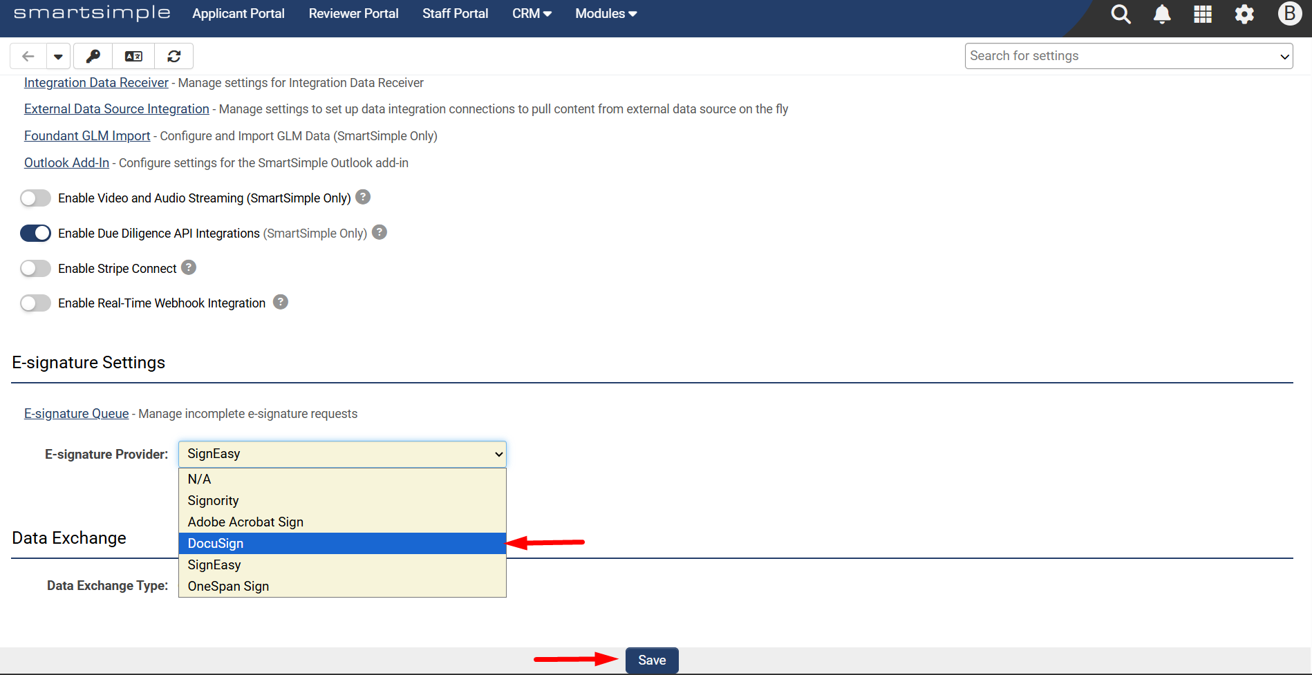 DocuSign in drop-down menu